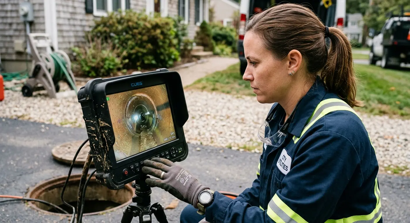Technician reviewing sewer camera inspection footage in Upper Uwchlan