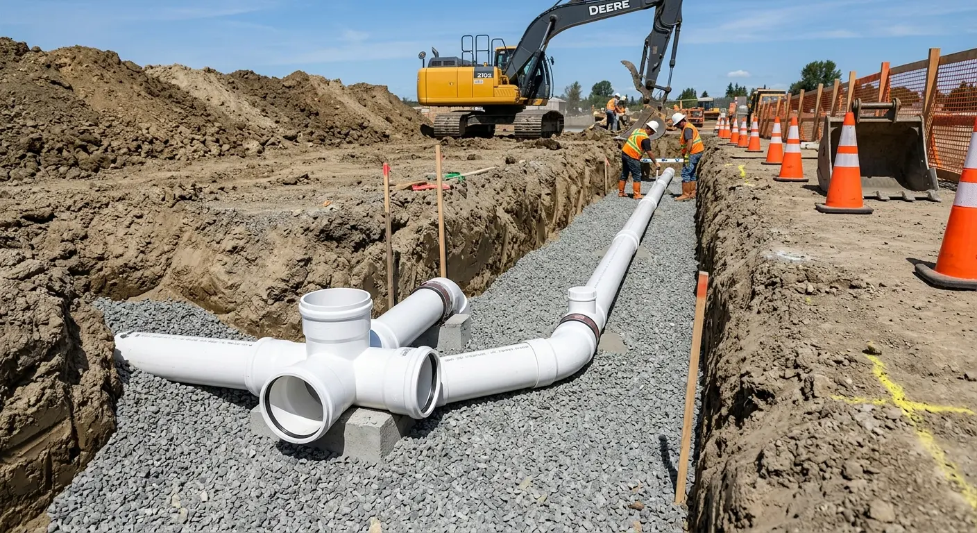New PVC sewer pipe installation in open trench for Grease Trap Cleaning in Upper Uwchlan