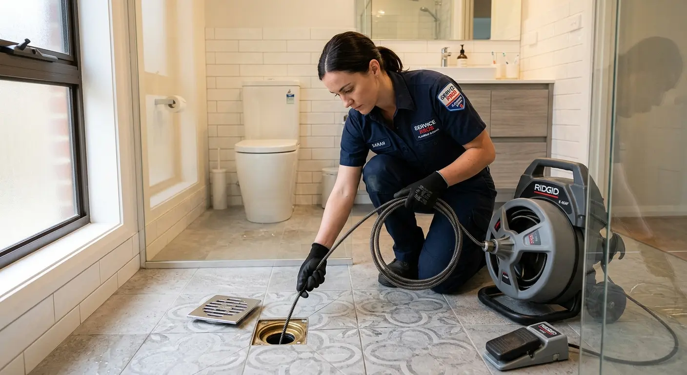 Technician clearing a bathroom floor drain for Drain Cleaning in Upper Uwchlan